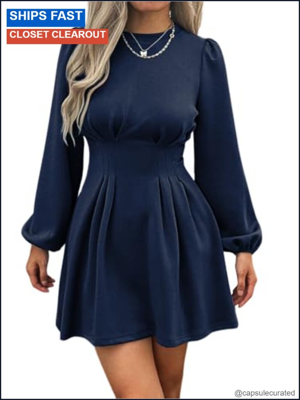 Women's Business Casual A-Line Dress Long Puff Sleeve High Waist Office Work